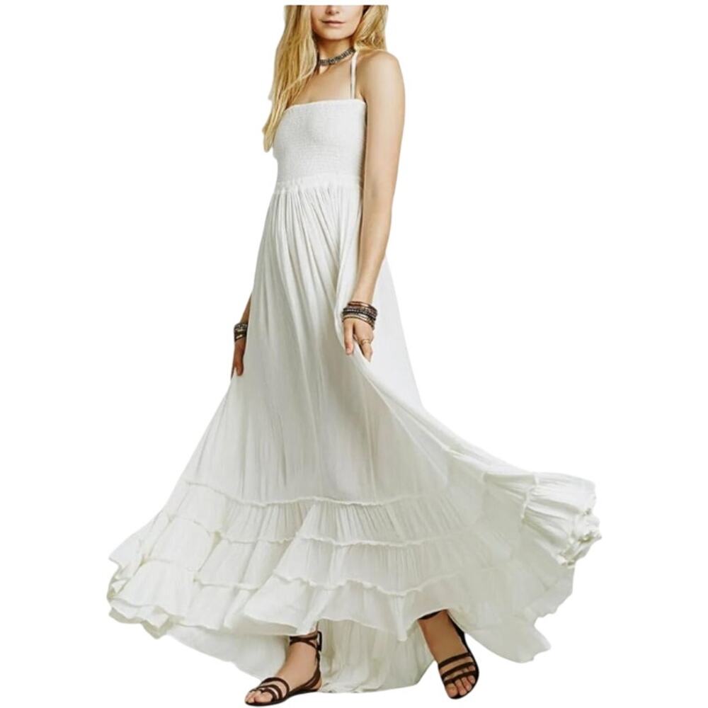 R. Vivimos S NEW Ivory Smocked Maxi Dress Tiered Hem Boho Coastal Western
